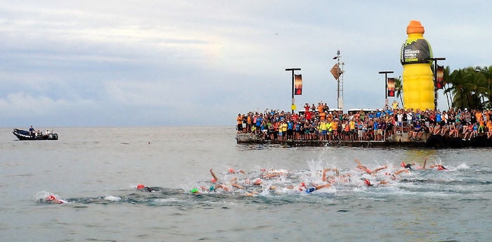 KAILUA KONA, HI - OCTOBER 13: Athletes compete during the swimming course of the IRONMAN World Championships brought to you by Amazon on October 13, 2018 in Kailua Kona, Hawaii. (Photo by Maxx Wolfson/Getty Images for IRONMAN)