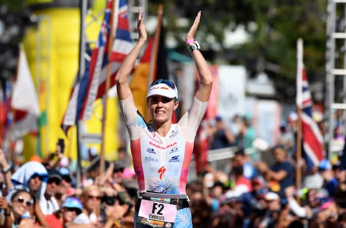 KAILUA KONA, HI - OCTOBER 13: Lucy Charles of Great Britain celebrates after finishing second with a time of 8:36:32 during the IRONMAN World Championships brought to you by Amazon on October 13, 2018 in Kailua Kona, Hawaii. (Photo by Nils Nilsen/Getty Images for IRONMAN)