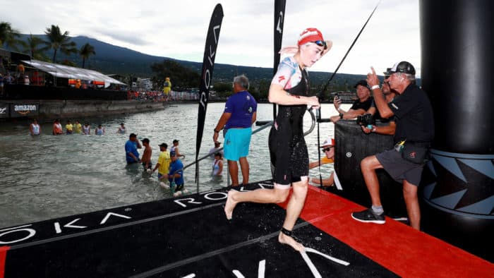 KAILUA KONA, HI - OCTOBER 13: Lucy Charles of Great Britain finishes the swim during the IRONMAN World Championships brought to you by Amazon on October 13, 2018 in Kailua Kona, Hawaii. (Photo by Tom Pennington/Getty Images for IRONMAN)