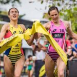 Cassandra Beaugrand, Katie Zaferes - Day 2 (Enduro) finish, Super League Triathlon Singapore
