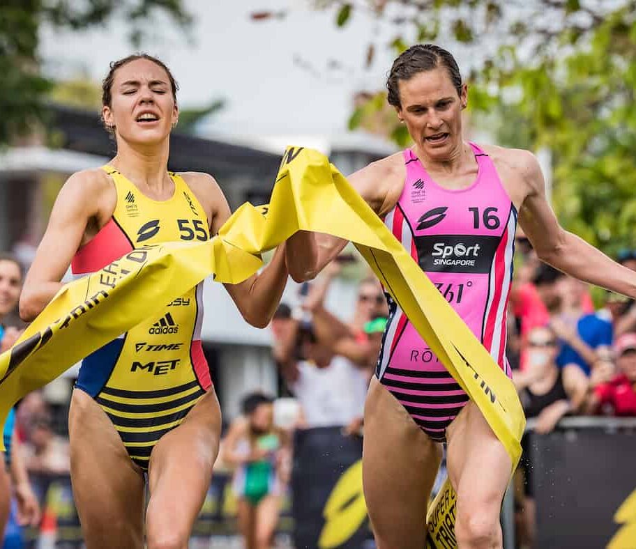 Cassandra Beaugrand, Katie Zaferes - Day 2 (Enduro) finish, Super League Triathlon Singapore