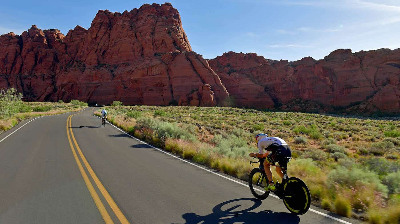 ST GEORGE, UT - MAY 05: Sebastien Kienle of Germany chases Lionel Sanders of Canada on the bike during the IRONMAN 70.3 St George Utah on May 5, 2018 in St George, Utah. (Photo by Donald Miralle/Getty Images)