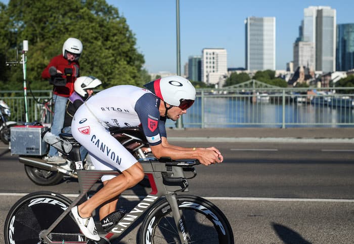 FRANKFURT AM MAIN, GERMANY - JUNE 30: Jan Frodeno of Germany competes in the bike leg during Mainova IRONMAN European Championship on June 30, 2019 in Frankfurt am Main, Germany. (Photo by Joern Pollex/Getty Images for IRONMAN)