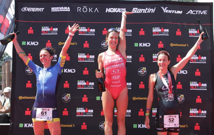 ELSINORE, DENMARK - JUNE 23: Fenella Langridge of Great Britain, Holly Lawrence of Great Britain and Radka Kahlefeldt of Czech Republic celebrate on the podium after the IRONMAN 70.3 Elsinore on June 23, 2019 in Elsinore, Denmark. (Photo by Joern Pollex/Getty Images for IRONMAN)