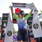 FRANKFURT AM MAIN, GERMANY - JUNE 30: Skye Moench of USA celebrates after winning the women's race of Mainova IRONMAN European Championship on June 30, 2019 in Frankfurt am Main, Germany. (Photo by Joern Pollex/Getty Images for IRONMAN)