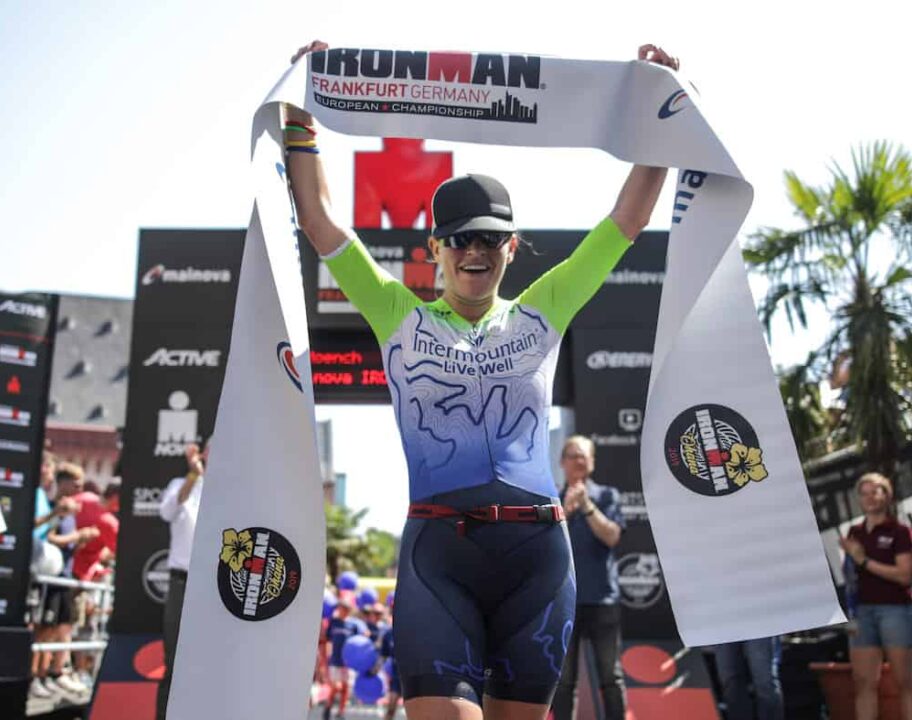 FRANKFURT AM MAIN, GERMANY - JUNE 30: Skye Moench of USA celebrates after winning the women's race of Mainova IRONMAN European Championship on June 30, 2019 in Frankfurt am Main, Germany. (Photo by Joern Pollex/Getty Images for IRONMAN)