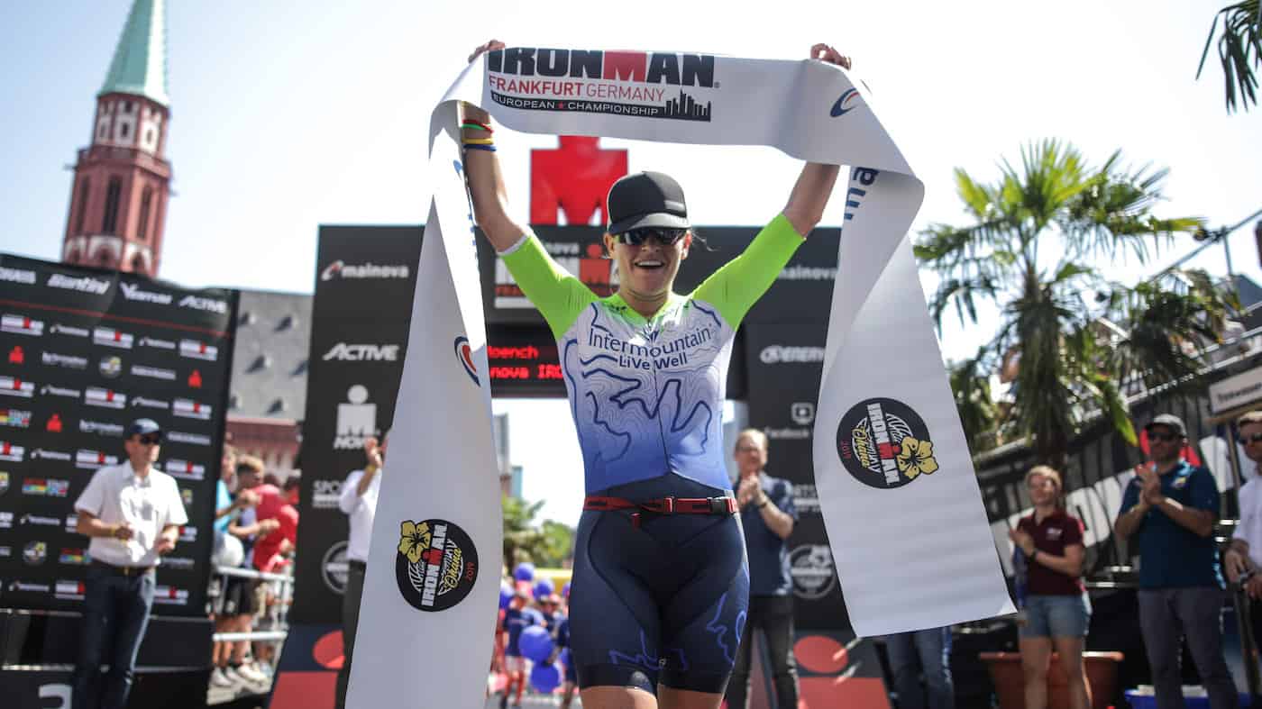 FRANKFURT AM MAIN, GERMANY - JUNE 30: Skye Moench of USA celebrates after winning the women's race of Mainova IRONMAN European Championship on June 30, 2019 in Frankfurt am Main, Germany. (Photo by Joern Pollex/Getty Images for IRONMAN)