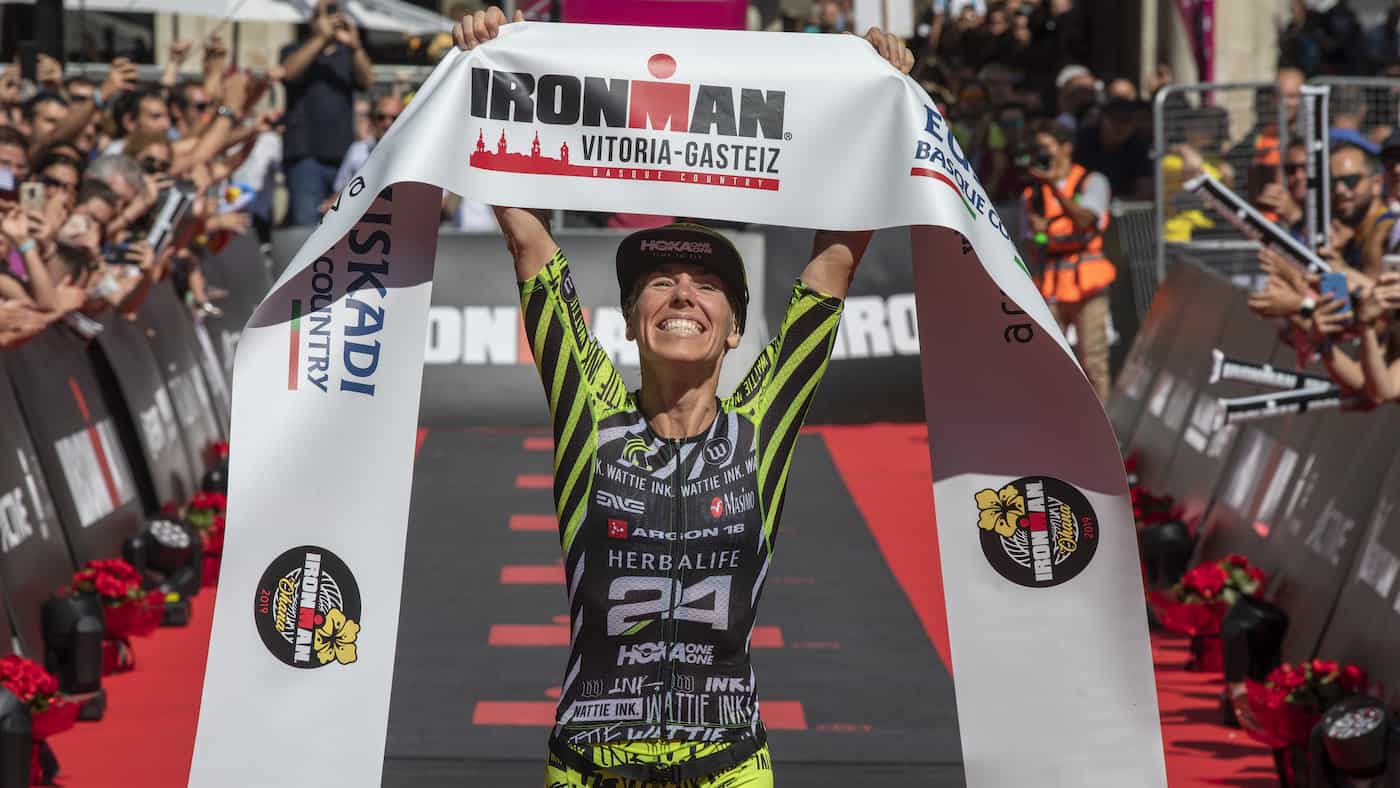 VITORIA, SPAIN - JULY 14: Athlete Heather Jackson of United States celebrates winning the women's race of IRONMAN Vitoria-Gasteiz on July 14, 2019 in Vitoria, Spain. (Photo by Pablo Blazquez Dominguez/Getty Images for IRONMAN)