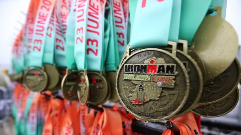 CORK, IRELAND - JUNE 23: Medals for finishers of Ironman Ireland on June 23, 2019 in Cork, Ireland. (Photo by Nigel Roddis/Getty Images for IRONMAN)