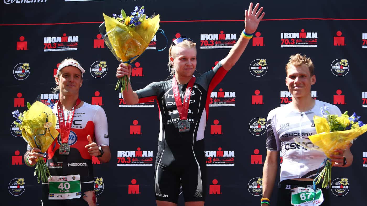 JONKOPING, SWEDEN - JULY 07: Elliot Smales of Great Britain celebrates after he wins the mens race during IRONMAN 70.3 Jonkoping on July 7, 2019 in Jonkoping, Sweden. (Photo by Charlie Crowhurst/Getty Images for IRONMAN) *** Local Caption *** Elliot Smales