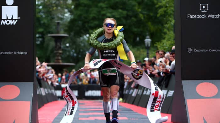 JONKOPING, SWEDEN - JULY 07: Elliot Smales of Great Britain finishes first in the mens race during IRONMAN 70.3 Jonkoping on July 7, 2019 in Jonkoping, Sweden. (Photo by Charlie Crowhurst/Getty Images for IRONMAN) *** Local Caption *** Elliot Smales