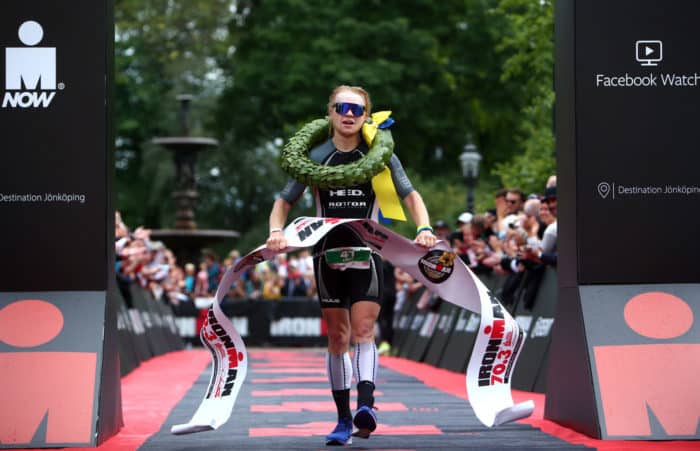 JONKOPING, SWEDEN - JULY 07: Elliot Smales of Great Britain finishes first in the mens race during IRONMAN 70.3 Jonkoping on July 7, 2019 in Jonkoping, Sweden. (Photo by Charlie Crowhurst/Getty Images for IRONMAN) *** Local Caption *** Elliot Smales