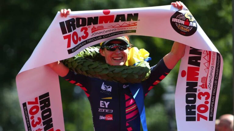 JONKOPING, SWEDEN - JULY 07: Claire Hann of Great Britain celebrates after she wins the womens race during IRONMAN 70.3 Jonkoping on July 7, 2019 in Jonkoping, Sweden. (Photo by Charlie Crowhurst/Getty Images for IRONMAN) *** Local Caption *** Claire Hann