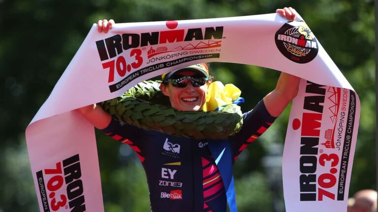 JONKOPING, SWEDEN - JULY 07: Claire Hann of Great Britain celebrates after she wins the womens race during IRONMAN 70.3 Jonkoping on July 7, 2019 in Jonkoping, Sweden. (Photo by Charlie Crowhurst/Getty Images for IRONMAN) *** Local Caption *** Claire Hann