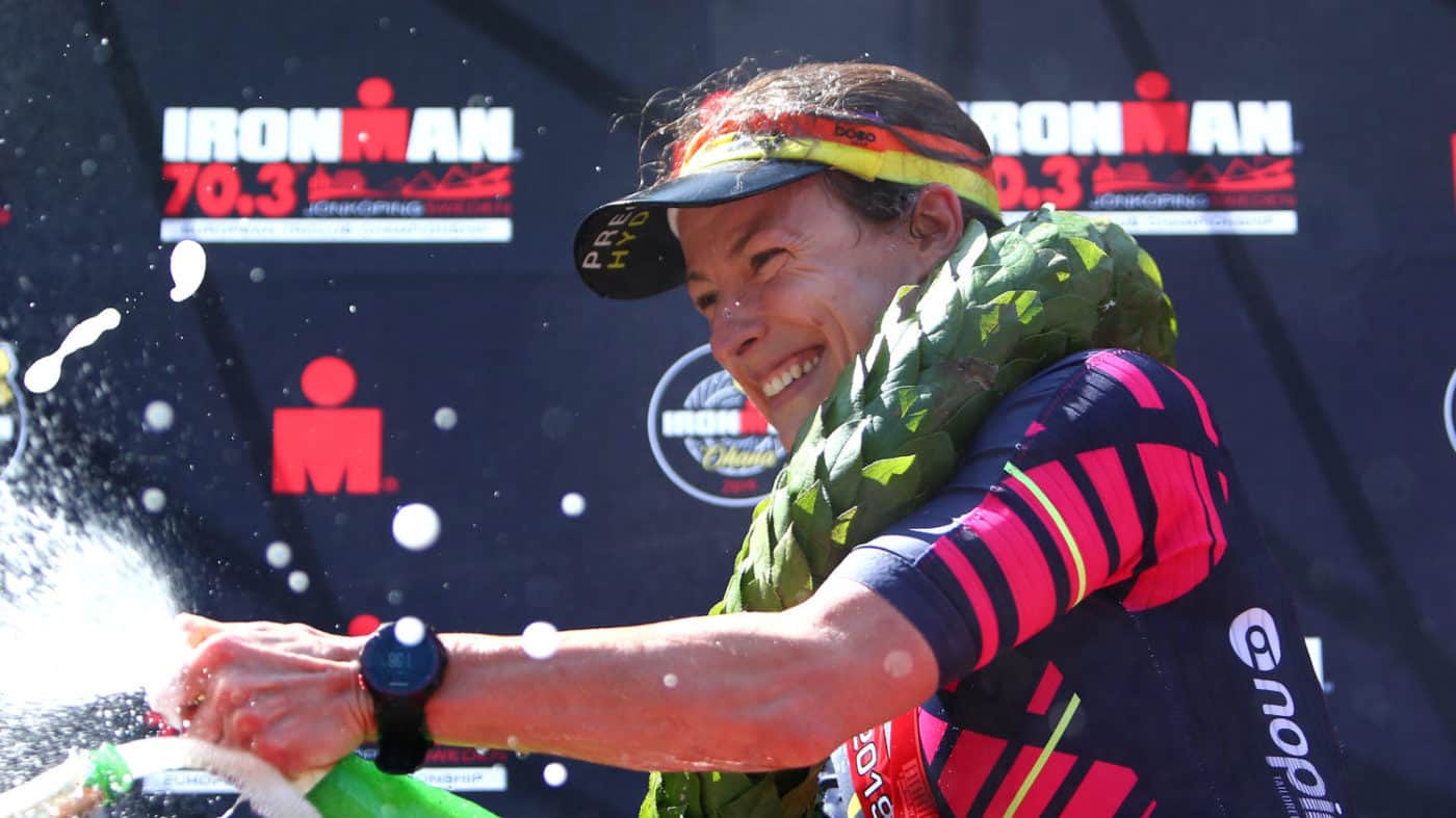 JONKOPING, SWEDEN - JULY 07: Claire Hann of Great Britain celebrates after she wins the womens race during IRONMAN 70.3 Jonkoping on July 7, 2019 in Jonkoping, Sweden. (Photo by Charlie Crowhurst/Getty Images for IRONMAN) *** Local Caption *** Claire Hann