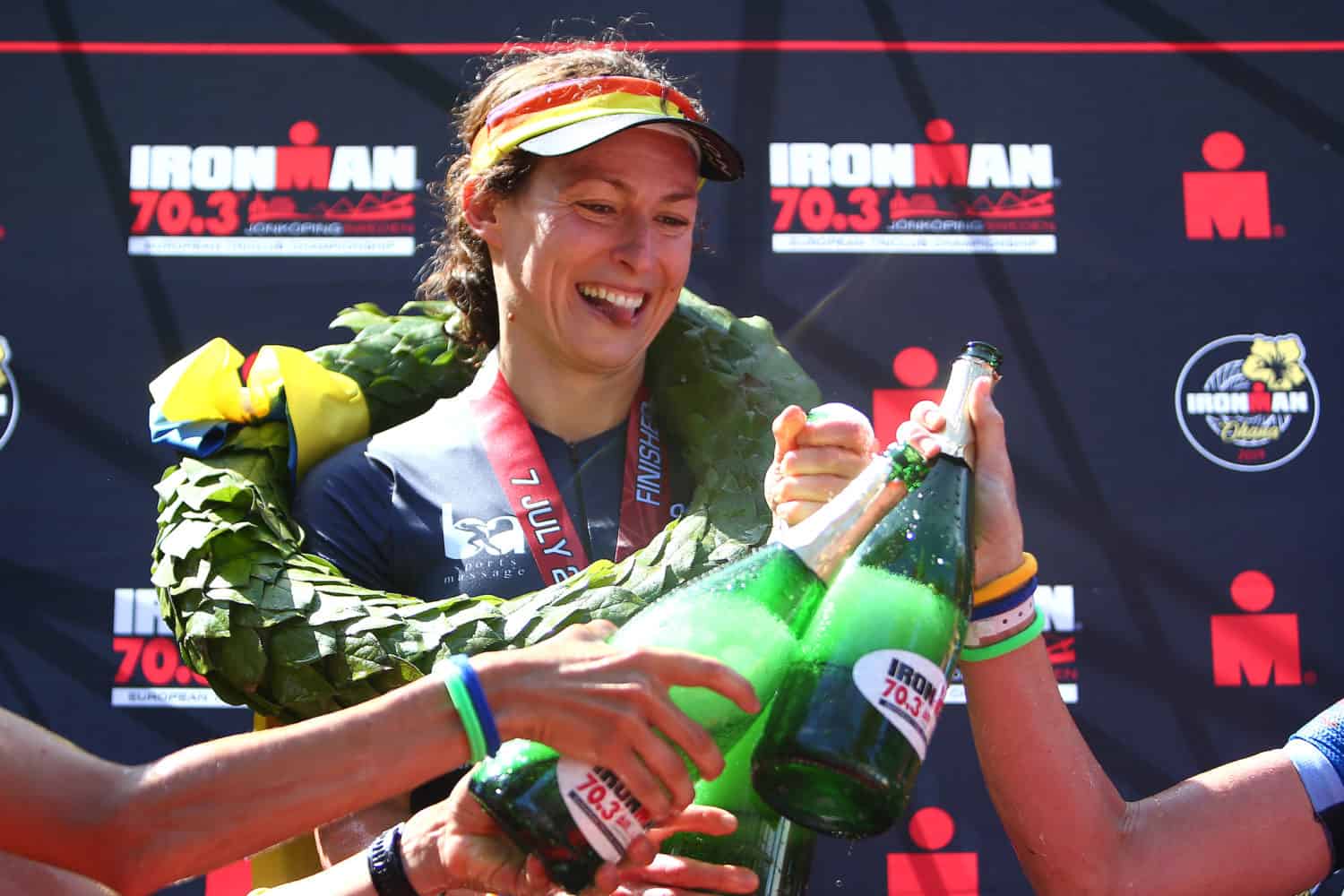 JONKOPING, SWEDEN - JULY 07: Claire Hann of Great Britain celebrates after she wins the womens race during IRONMAN 70.3 Jonkoping on July 7, 2019 in Jonkoping, Sweden. (Photo by Charlie Crowhurst/Getty Images for IRONMAN) *** Local Caption *** Claire Hann