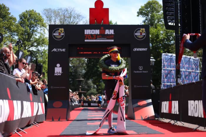 JONKOPING, SWEDEN - JULY 07: Claire Hann of Great Britain celebrates after she wins the womens race during IRONMAN 70.3 Jonkoping on July 7, 2019 in Jonkoping, Sweden. (Photo by Charlie Crowhurst/Getty Images for IRONMAN) *** Local Caption *** Claire Hann