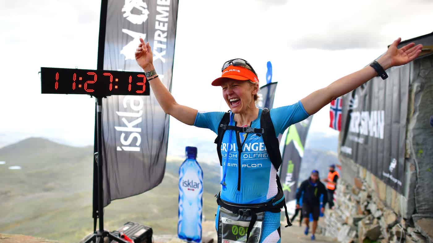 Lucy Gossage of Great Britain finishes first and wins the Xtri World Tour during the Isklar Norseman Xtreme Triathlon on August, 03, 2019 in Eidfjord, Norway. 250 athletes participate in the Isklar Norseman Xtreme Triathlon 2019 which includes 3.8 kilometers swim leg, 180 kilometers bike leg and the 42.2 kilometers run leg up to Mount Gausta and the Isklar Norseman Xtreme 2019 is part of the Xtri World Tour. (Photo by Alexander Koerner/nxtri.com)