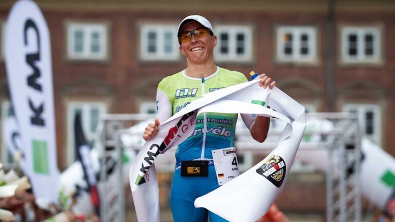 COPENHAGEN, DENMARK - AUGUST 18: Anne Haug from Germany arrives at the finish line on first women place of the Ironman Copenhagen on August 18, 2019 in Copenhagen, Denmark. (Photo by Gonzalo Arroyo Moreno/Getty Images for IRONMAN)