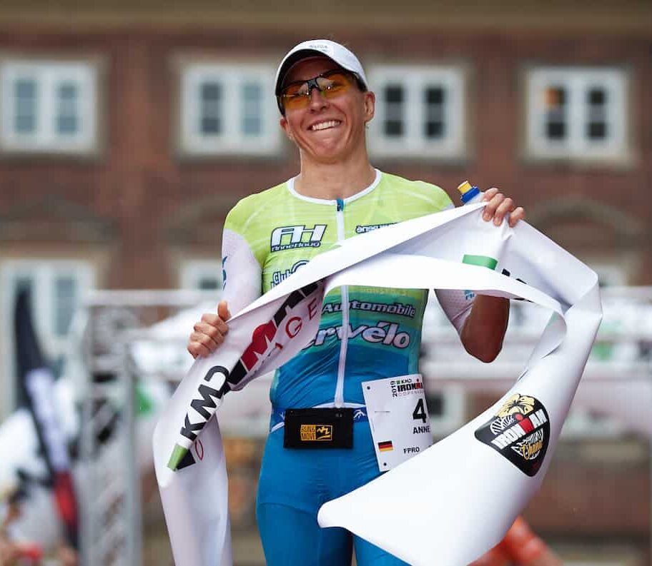 COPENHAGEN, DENMARK - AUGUST 18: Anne Haug from Germany arrives at the finish line on first women place of the Ironman Copenhagen on August 18, 2019 in Copenhagen, Denmark. (Photo by Gonzalo Arroyo Moreno/Getty Images for IRONMAN)