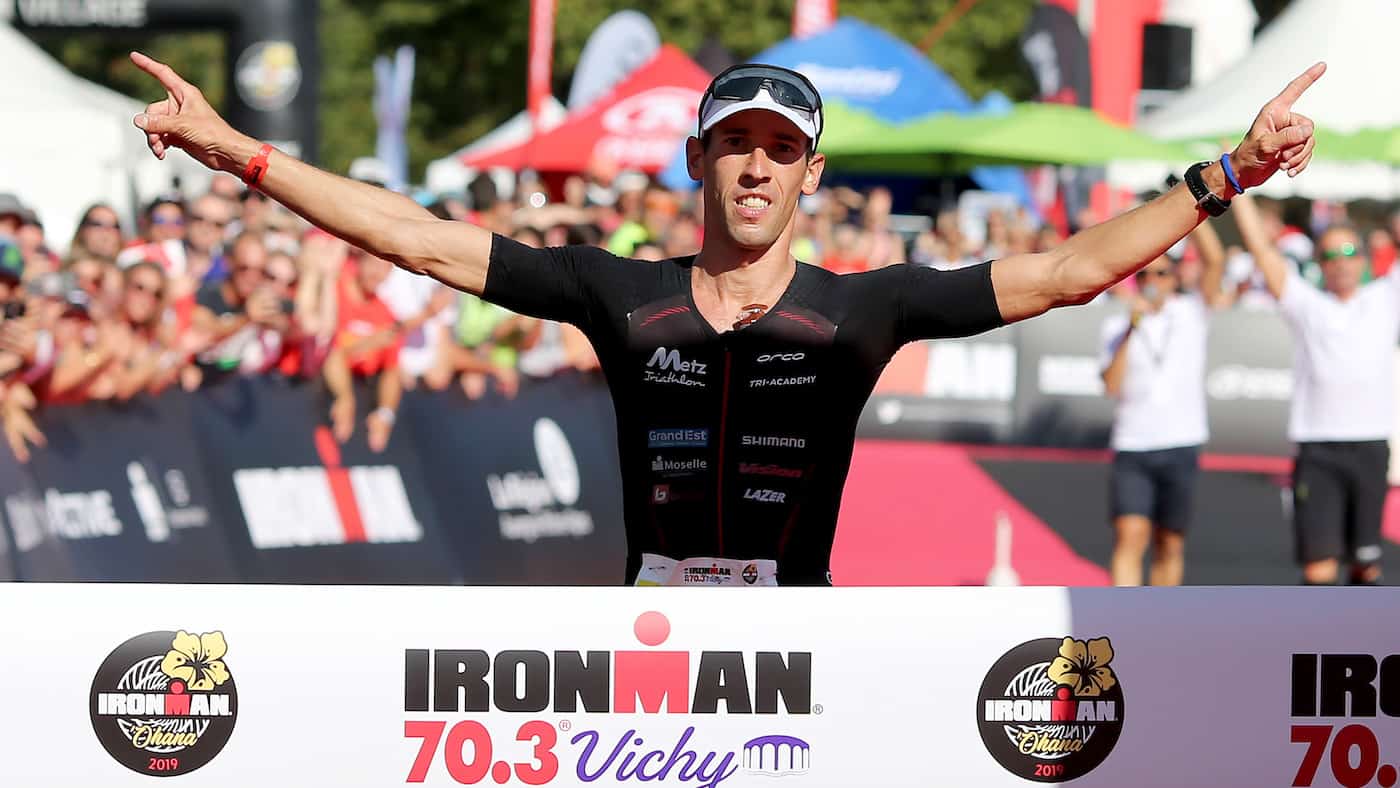 VICHY, FRANCE - AUGUST 24: Yohan Le Berre of France reacts after winning Ironman 70.3 Vichy on August 24, 2019 in Vichy, France. (Photo by Nigel Roddis/Getty Images for IRONMAN)