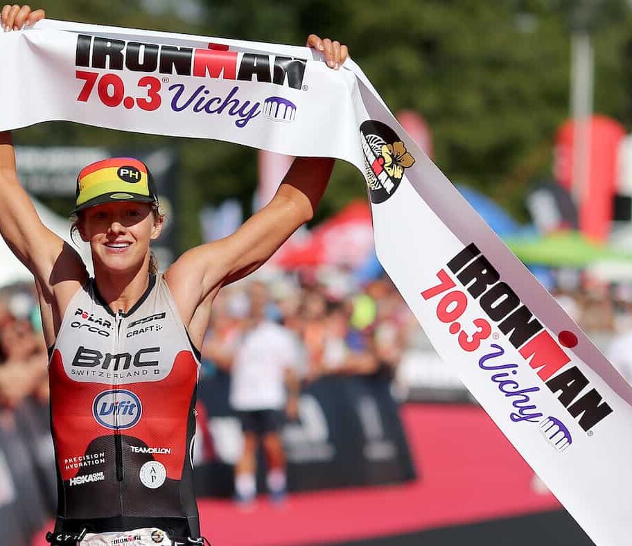 VICHY, FRANCE - AUGUST 24: Emma Pallant of Britain reacts after winning the women's race of Ironman 70.3 Vichy on August 24, 2019 in Vichy, France. (Photo by Nigel Roddis/Getty Images for IRONMAN)