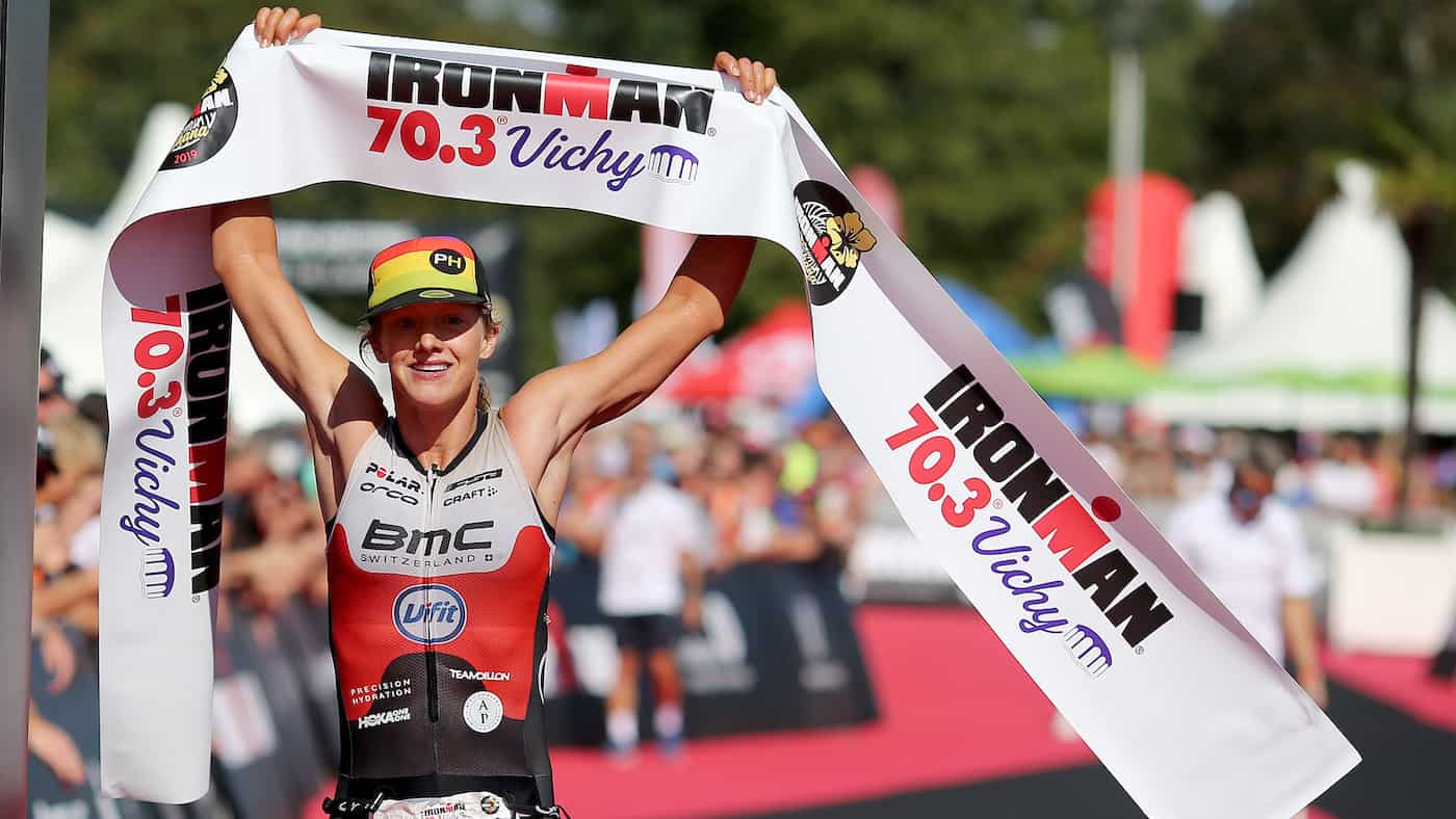 VICHY, FRANCE - AUGUST 24: Emma Pallant of Britain reacts after winning the women's race of Ironman 70.3 Vichy on August 24, 2019 in Vichy, France. (Photo by Nigel Roddis/Getty Images for IRONMAN)