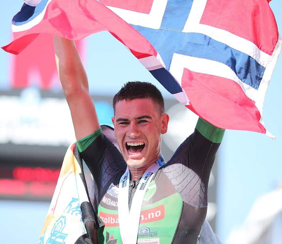 NICE, FRANCE - SEPTEMBER 08: Gustav Iden of Norway celebrates winning Ironman 70.3 World Championship Men's race on September 8, 2019 in Nice, France. (Photo by Nigel Roddis/Getty Images for IRONMAN)