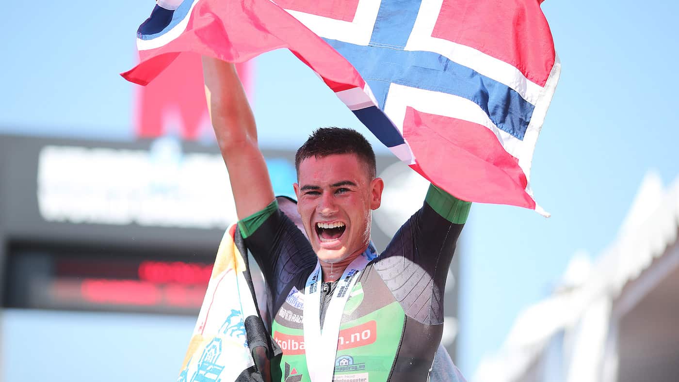 NICE, FRANCE - SEPTEMBER 08: Gustav Iden of Norway celebrates winning Ironman 70.3 World Championship Men's race on September 8, 2019 in Nice, France. (Photo by Nigel Roddis/Getty Images for IRONMAN)