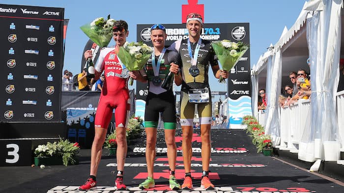 NICE, FRANCE - SEPTEMBER 08: Gustav Iden of Norway (C), Alistair Brownlee of Britain (L) and Rodolphe Von Berg of USA (R) pose for media after finishing Ironman 70.3 World Championship Men's race on September 8, 2019 in Nice, France. (Photo by Nigel Roddis/Getty Images for IRONMAN)