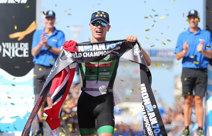 NICE, FRANCE - SEPTEMBER 08: Gustav Iden of Norway reacts after winning Ironman 70.3 World Championship Men's race on September 8, 2019 in Nice, France. (Photo by Nigel Roddis/Getty Images for IRONMAN)