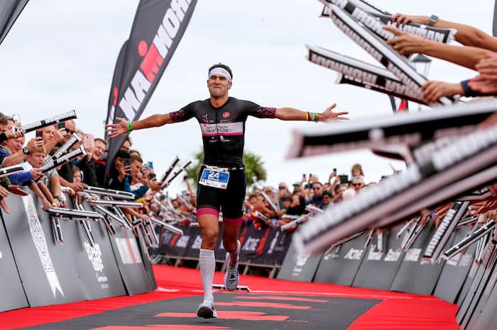 TENBY, WALES - SEPTEMBER 15: Amaud Guilloux of France celebrates winning Ironman Wales on September 15, 2019 in Tenby, Wales. (Photo by Nigel Roddis/Getty Images for IRONMAN)