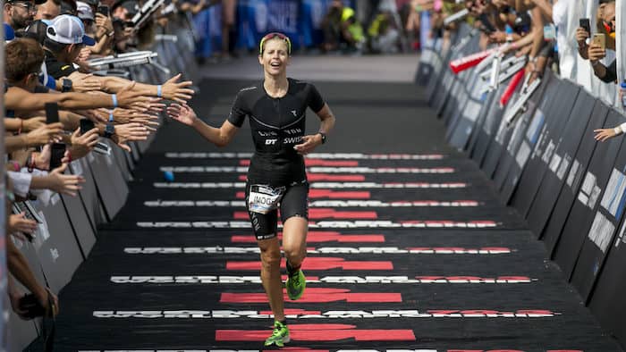 NICE, FRANCE - SEPTEMBER 07: Imogen Simmonds of Switzerland reacts after winning the third place of the IRONMAN 70.3 World Championship Nice on September 07, 2019 in Nice, France. (Photo by Jan Hetfleisch/Getty Images for IRONMAN)