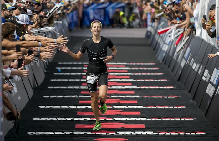 NICE, FRANCE - SEPTEMBER 07: Imogen Simmonds of Switzerland reacts after winning the third place of the IRONMAN 70.3 World Championship Nice on September 07, 2019 in Nice, France. (Photo by Jan Hetfleisch/Getty Images for IRONMAN)