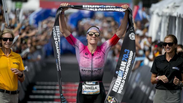 NICE, FRANCE - SEPTEMBER 07: Daniela Ryf of Switzerland reacts after winning the IRONMAN 70.3 World Championship Nice on September 07, 2019 in Nice, France. (Photo by Jan Hetfleisch/Getty Images for IRONMAN)