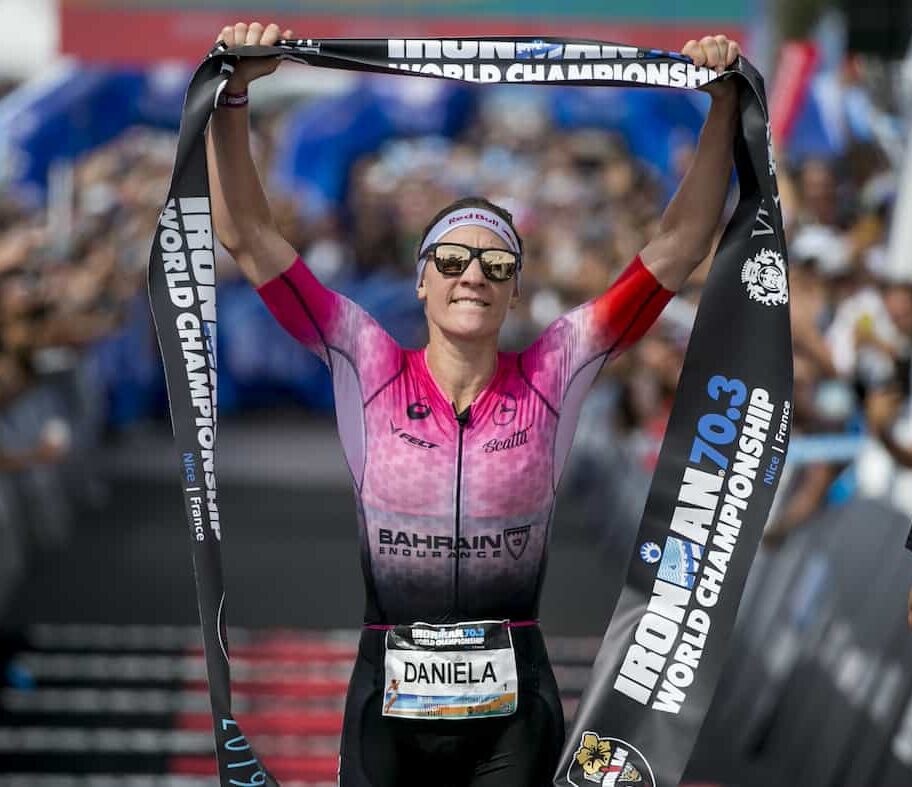 NICE, FRANCE - SEPTEMBER 07: Daniela Ryf of Switzerland reacts after winning the IRONMAN 70.3 World Championship Nice on September 07, 2019 in Nice, France. (Photo by Jan Hetfleisch/Getty Images for IRONMAN)