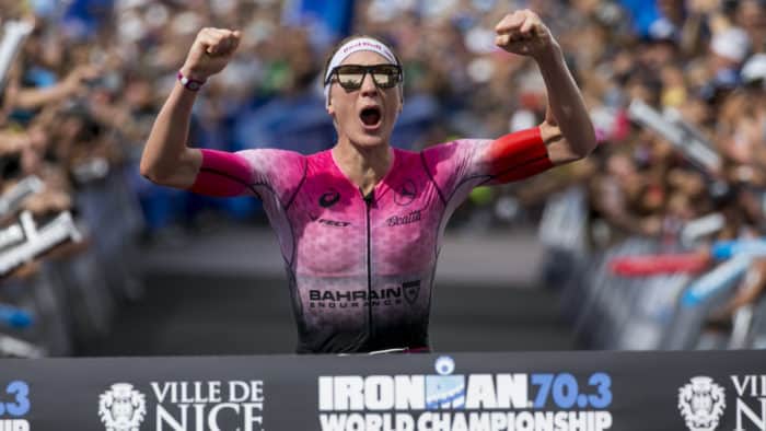 NICE, FRANCE - SEPTEMBER 07: Daniela Ryf of Switzerland reacts after winning the IRONMAN 70.3 World Championship Nice on September 07, 2019 in Nice, France. (Photo by Jan Hetfleisch/Getty Images for IRONMAN)