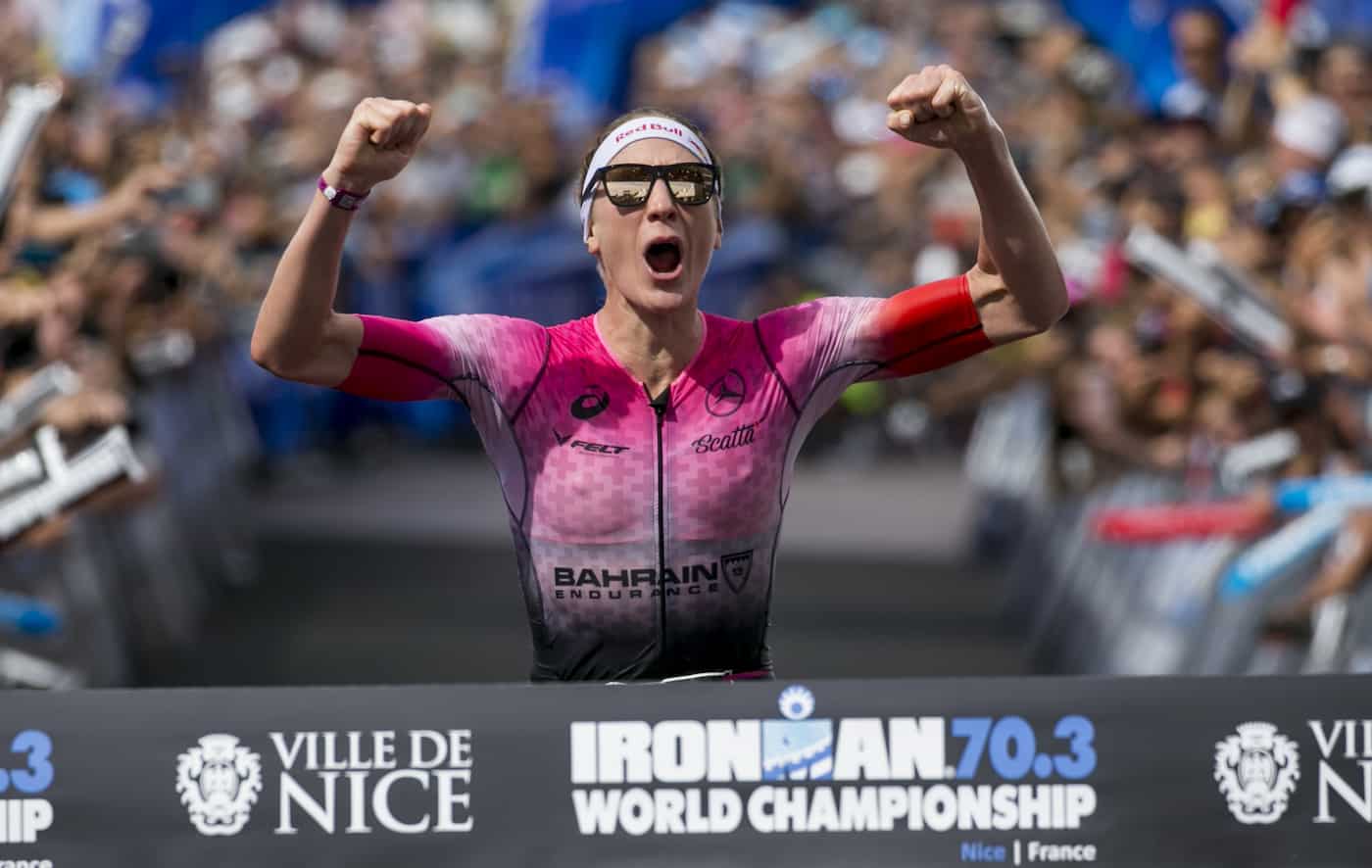 NICE, FRANCE - SEPTEMBER 07: Daniela Ryf of Switzerland reacts after winning the IRONMAN 70.3 World Championship Nice on September 07, 2019 in Nice, France. (Photo by Jan Hetfleisch/Getty Images for IRONMAN)