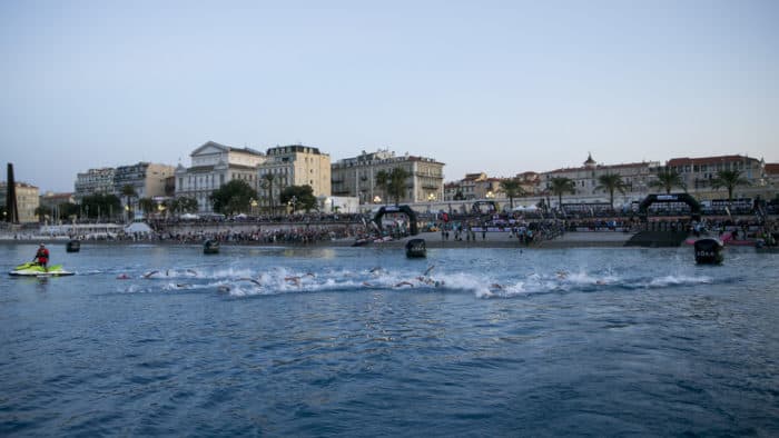 NICE, FRANCE - SEPTEMBER 08: Athletes compete in the swim leg of the the IRONMAN 70.3 World Championship Men in Nice on September 08, 2019 in Nice, France. (Photo by Jan Hetfleisch/Getty Images for IRONMAN)