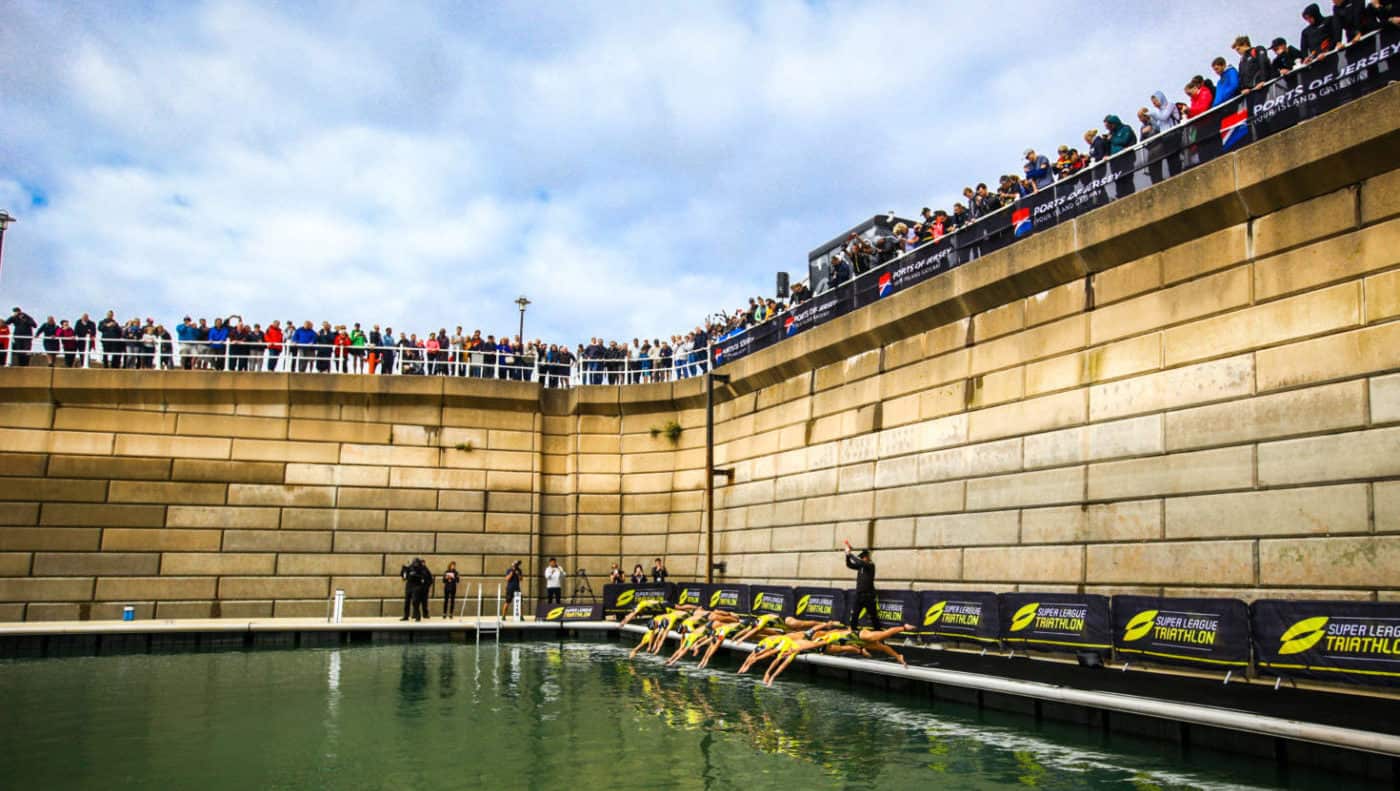 ST HELIER, JERSEY - SEPTEMBER 28, 2019: The Womens Semi Final Group A race during the RBC Super League Triathlon Jersey on September 28, 2019 in St Helier, Jersey. (Photo by Tommy Zaferes/Superleague Triathlon)