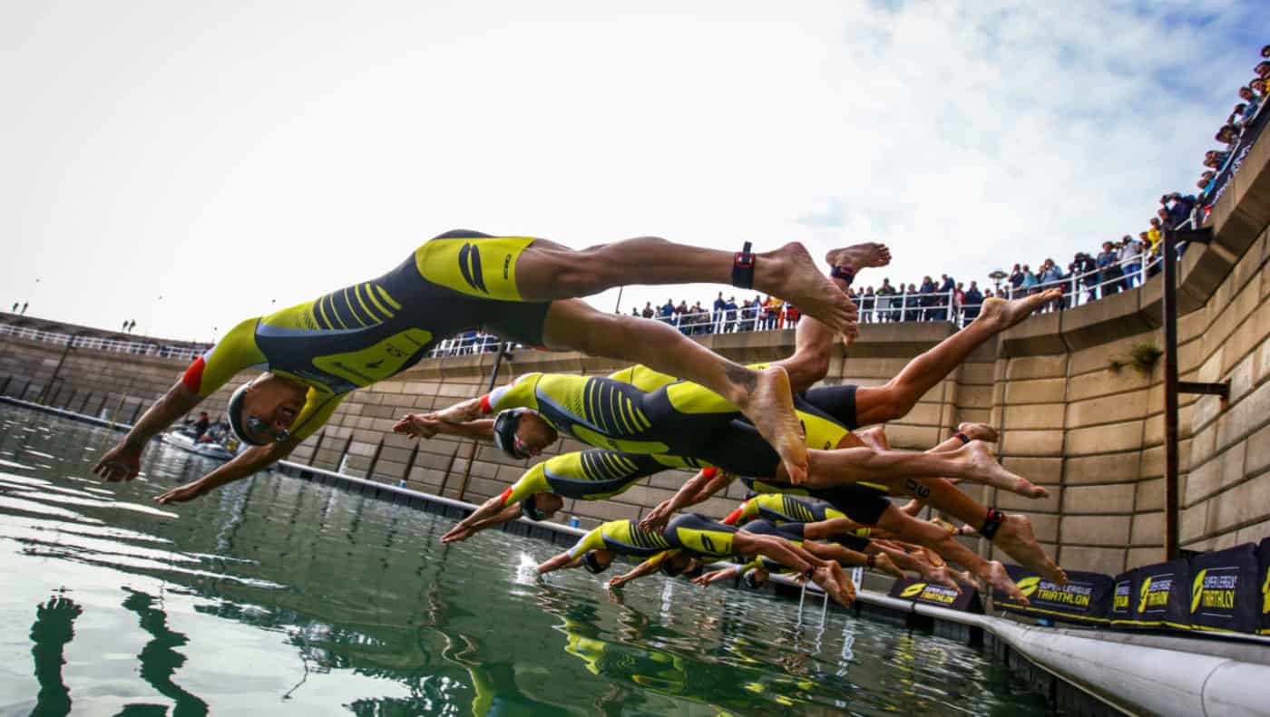 ST HELIER, JERSEY - SEPTEMBER 28, 2019: The Mens Semi Final Group A race during the RBC Super League Triathlon Jersey on September 28, 2019 in St Helier, Jersey. (Photo by Tommy Zaferes/Superleague Triathlon)