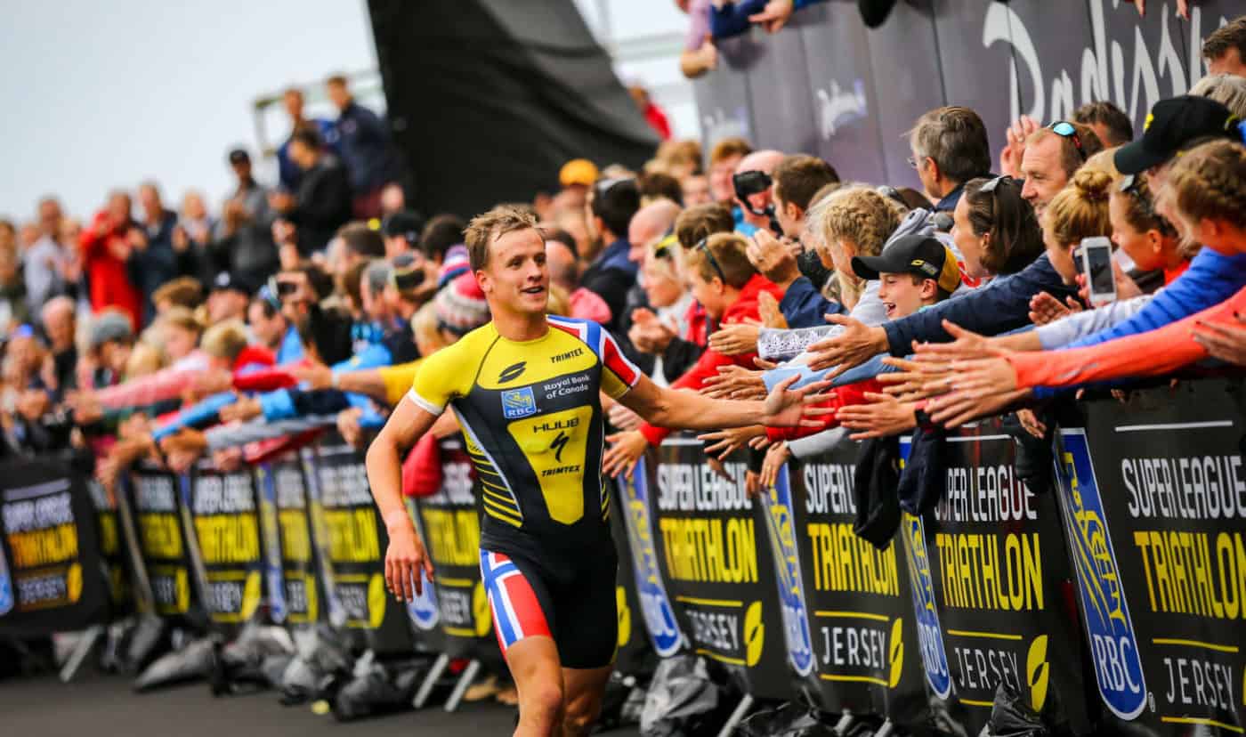 ST HELIER, JERSEY - SEPTEMBER 28, 2019: The Mens Semi Final Group A race during the RBC Super League Triathlon Jersey on September 28, 2019 in St Helier, Jersey. (Photo by Tommy Zaferes/Superleague Triathlon)