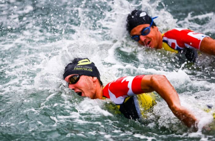 ST HELIER, JERSEY - SEPTEMBER 28, 2019: The Mens Semi Final Group B race during the RBC Super League Triathlon Jersey on September 28, 2019 in St Helier, Jersey. (Photo by Tommy Zaferes/Superleague Triathlon)