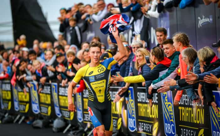 ST HELIER, JERSEY - SEPTEMBER 28, 2019: The Mens Semi Final Group B race during the RBC Super League Triathlon Jersey on September 28, 2019 in St Helier, Jersey. (Photo by Tommy Zaferes/Superleague Triathlon)