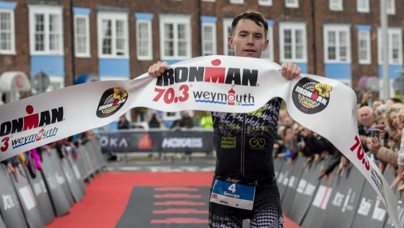 WEYMOUTH, ENGLAND - SEPTEMBER 22: George Goodwin of Great Britain reacts after winning IRONMAN 70.3 Weymouth on September 22, 2019 in Weymouth, England. (Photo by Pablo Blazquez Dominguez/Getty Images for IRONMAN)