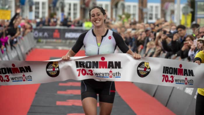 WEYMOUTH, ENGLAND - SEPTEMBER 22: India Lee of Great Britain reacts after winning the female race of IRONMAN 70.3 Weymouth on September 22, 2019 in Weymouth, England. (Photo by Pablo Blazquez Dominguez/Getty Images for IRONMAN)