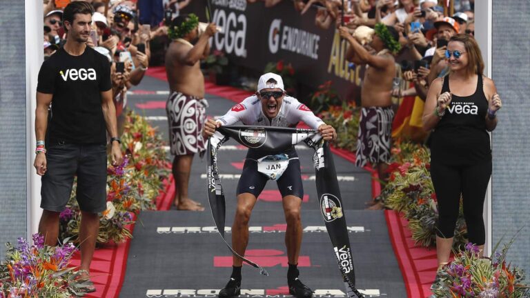 KAILUA KONA, HAWAII - OCTOBER 12: Jan Frodeno of Germany celebrates after winning the Ironman World Championships on October 12, 2019 in Kailua Kona, Hawaii. (Photo by Sean M. Haffey/Getty Images for IRONMAN)