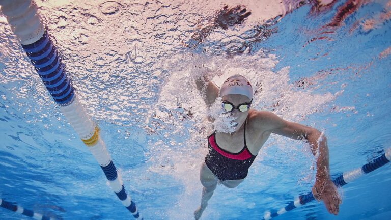 Lucy Charles-Barclay on a swim session during the pre-race build up at Ironman 70.3 World Champs in Nice, France on 4 September 2019