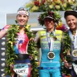 KAILUA KONA, HAWAII - OCTOBER 12: Lucy Charles-Barkley (2nd), Anne Haug (1st) and Sarah Crawley (3rd) celebrate after the Ironman World Championships on October 12, 2019 in Kailua Kona, Hawaii. (Photo by Tom Pennington/Getty Images for IRONMAN)