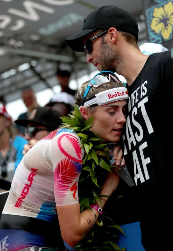 KAILUA KONA, HAWAII - OCTOBER 12: Lucy Charles-Barclay of Great Britain celebrates with husband Reece Barclay after finishing second in the Ironman World Championships on October 12, 2019 in Kailua Kona, Hawaii. (Photo by Tom Pennington/Getty Images for IRONMAN)